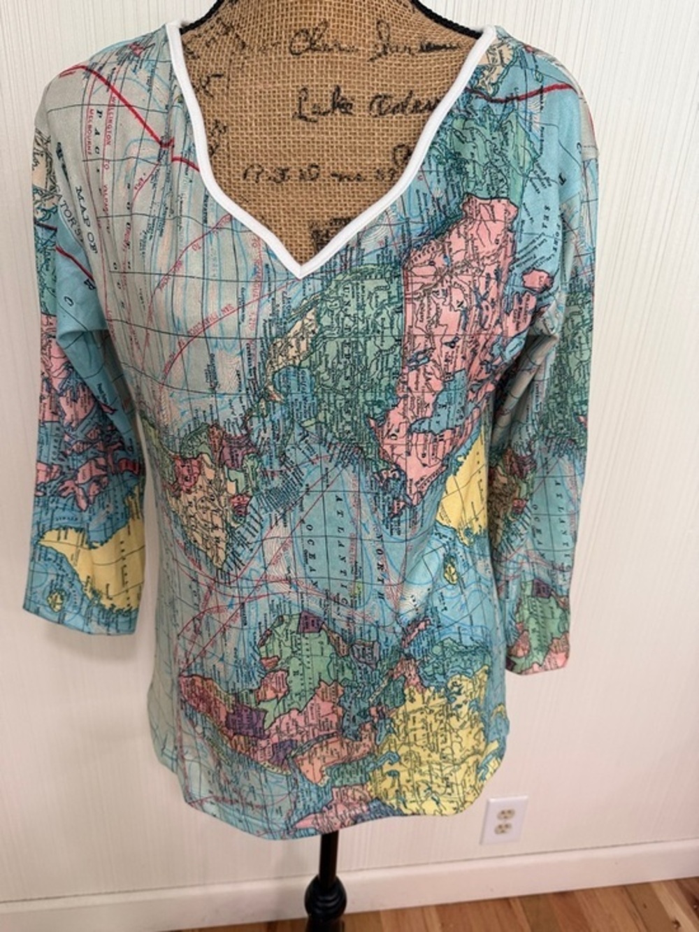 Map-Print V-Neck Women's Top in Blue and Pastel